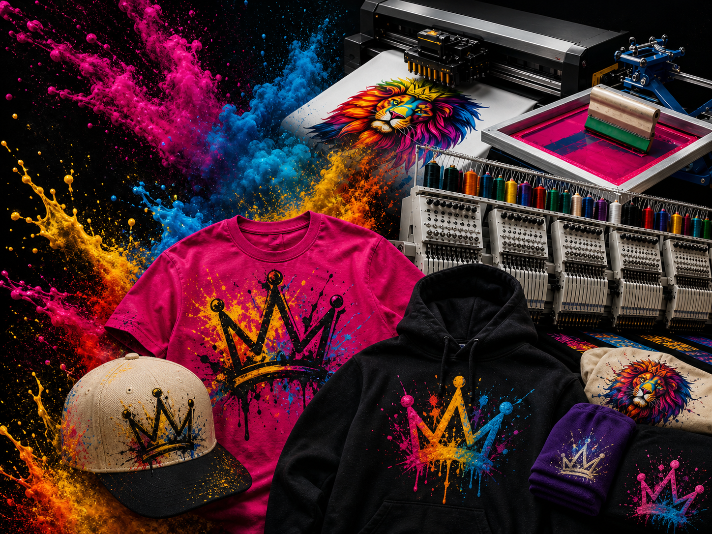 Royal Merch colorful print production and apparel hero visual